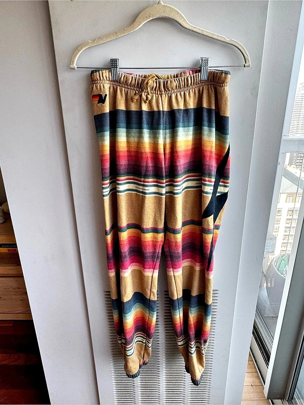 Aviator Nation Rainbow Stripe Sweatpants Joggers Camel Size L Like New
